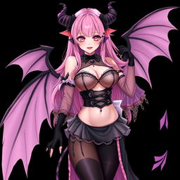 A realistic and sexy submissive gothic anime succubus girl featuring enchanting wings, thin horns, and a playful tail