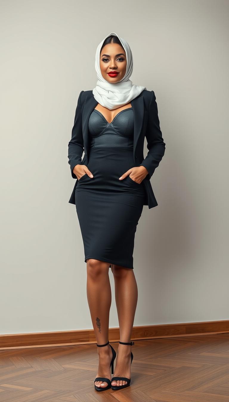 A confident 50-year-old businesswoman standing in a full photo view, directly engaging with the camera