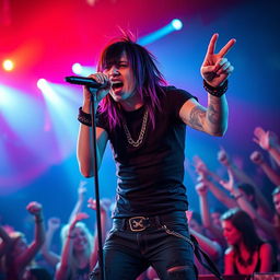 A striking emo metal vocalist on stage, showcasing intense emotion while performing