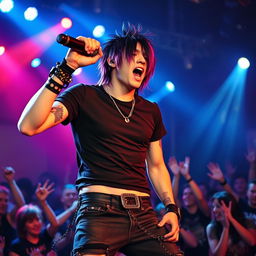 A striking emo metal vocalist on stage, showcasing intense emotion while performing