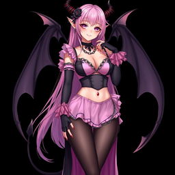 A realistic and sexy submissive gothic anime succubus girl characterized by striking wings, delicate thin horns, and a playful tail