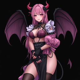 A realistic and sexy submissive gothic anime succubus girl characterized by striking wings, delicate thin horns, and a playful tail