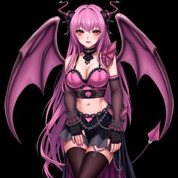 A realistic and sexy submissive gothic anime succubus girl characterized by striking wings, delicate thin horns, and a playful tail