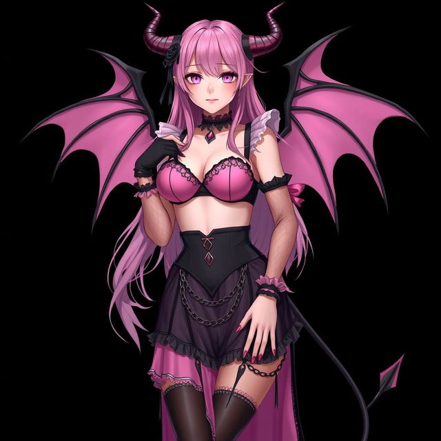 A realistic and sexy submissive gothic anime succubus girl characterized by striking wings, delicate thin horns, and a playful tail