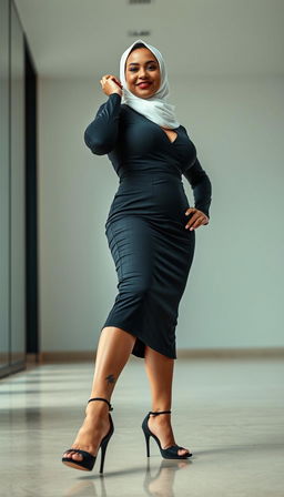 A 50-year-old businesswoman exuding confidence, captured in a full photo view while engaging directly with the camera