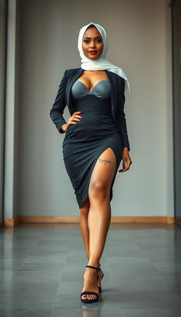 A 50-year-old businesswoman exuding confidence, captured in a full photo view while engaging directly with the camera