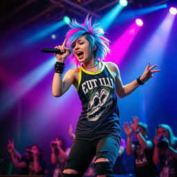 A vibrant emo metal vocalist on stage, exuding a captivating energy while performing