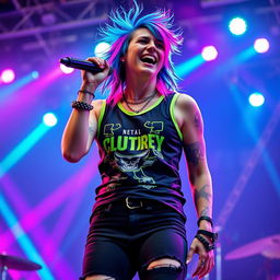 A vibrant emo metal vocalist on stage, exuding a captivating energy while performing