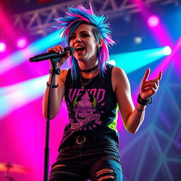 A vibrant emo metal vocalist on stage, exuding a captivating energy while performing
