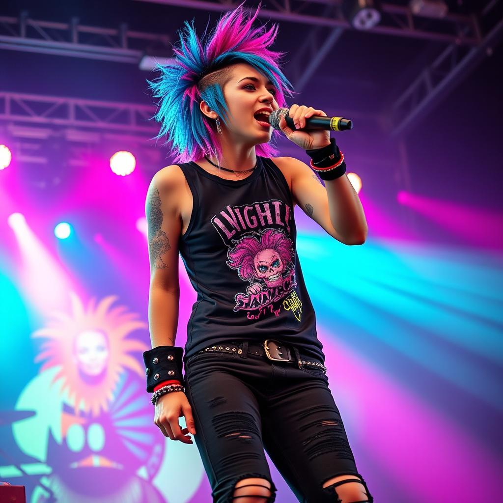 A vibrant emo metal vocalist on stage, exuding a captivating energy while performing