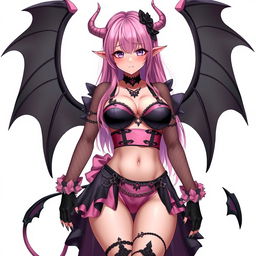 A realistic and sexy submissive gothic anime succubus girl featuring stunning wings, thin horns, and a playful tail