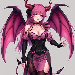 A realistic and sexy submissive gothic anime succubus girl featuring stunning wings, thin horns, and a playful tail