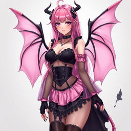 A realistic and sexy submissive gothic anime succubus girl featuring stunning wings, thin horns, and a playful tail