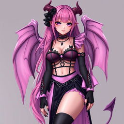 A realistic and sexy submissive gothic anime succubus girl featuring stunning wings, thin horns, and a playful tail