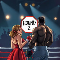 A striking book cover illustration showcasing a ring girl at the edge of a boxing ring, holding an octagonal sign that reads 'Round 2'