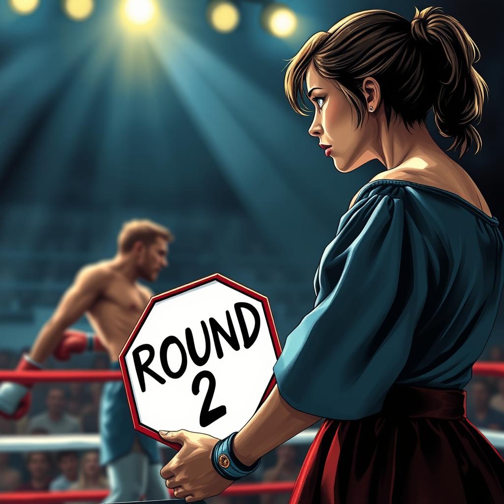 A striking book cover illustration showcasing a ring girl at the edge of a boxing ring, holding an octagonal sign that reads 'Round 2'