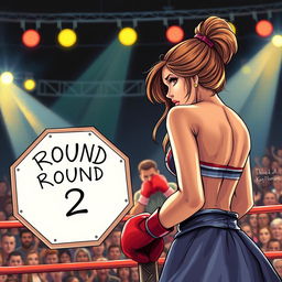 A striking book cover illustration showcasing a ring girl at the edge of a boxing ring, holding an octagonal sign that reads 'Round 2'