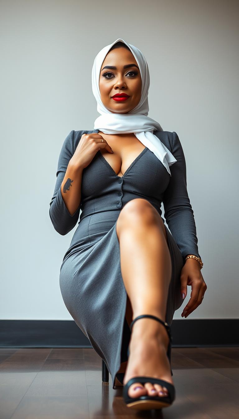 A poised 50-year-old businesswoman captured in a full photo view, confidently looking into the camera