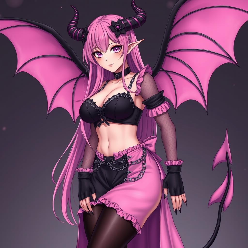 A realistic and sexy submissive gothic anime succubus girl, showcasing beautiful wings, thin horns, and a playful tail