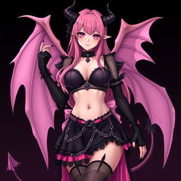 A realistic and sexy submissive gothic anime succubus girl, showcasing beautiful wings, thin horns, and a playful tail