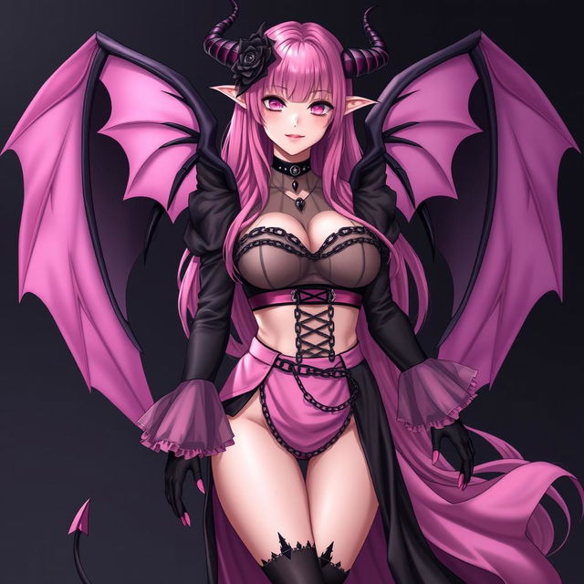 A realistic and sexy submissive gothic anime succubus girl, showcasing beautiful wings, thin horns, and a playful tail