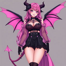 A realistic and sexy submissive gothic anime succubus girl, showcasing beautiful wings, thin horns, and a playful tail
