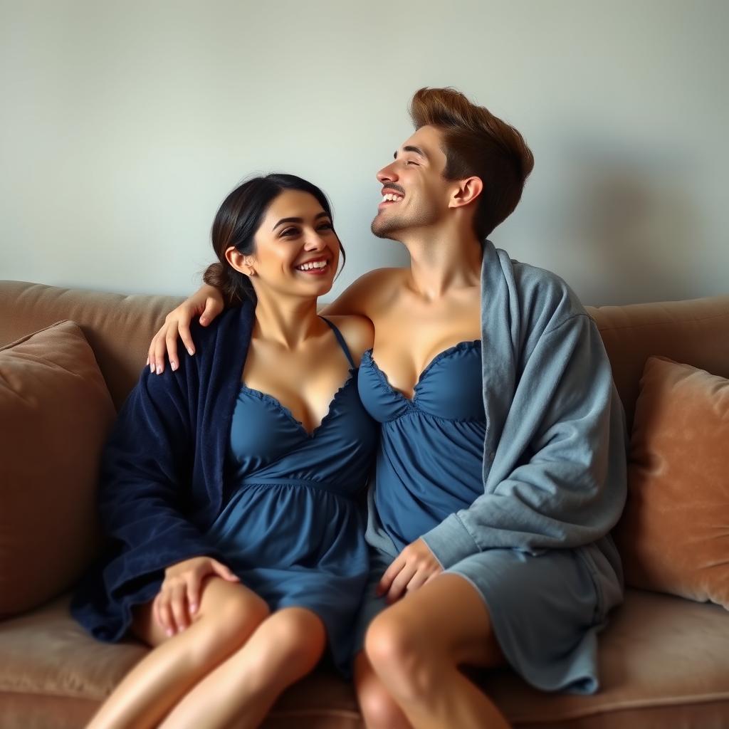 An intimate scene of a 33-year-old woman sitting on a plush couch beside an 18-year-old boy, both smiling as they enjoy each other's company