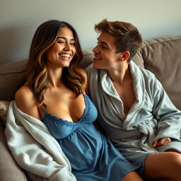 An intimate scene of a 33-year-old woman sitting on a plush couch beside an 18-year-old boy, both smiling as they enjoy each other's company