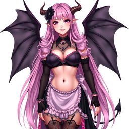 A realistic and sexy submissive gothic anime succubus girl characterized by enchanting wings, delicate thin horns, and a playful tail