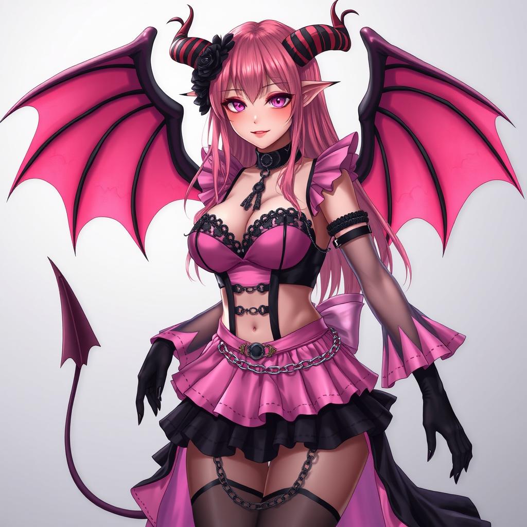 A realistic and sexy submissive gothic anime succubus girl characterized by enchanting wings, delicate thin horns, and a playful tail