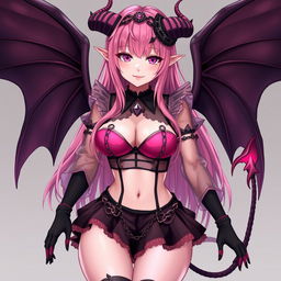 A realistic and sexy submissive gothic anime succubus girl characterized by enchanting wings, delicate thin horns, and a playful tail