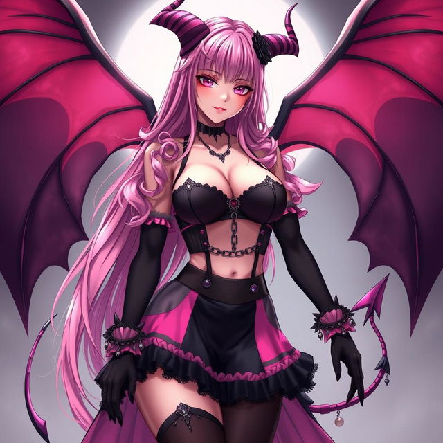 A realistic and sexy submissive gothic anime succubus girl characterized by enchanting wings, delicate thin horns, and a playful tail