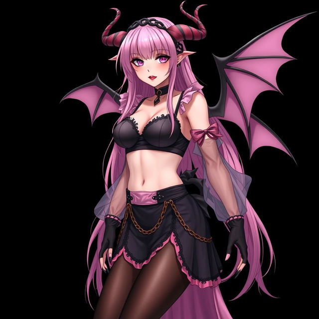 A realistic and sexy submissive gothic anime succubus girl with enchanting wings, delicate thin horns, and a playful tail