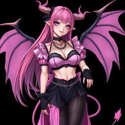 A realistic and sexy submissive gothic anime succubus girl with enchanting wings, delicate thin horns, and a playful tail