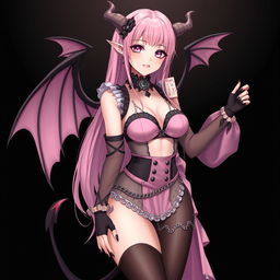 A realistic and sexy submissive gothic anime succubus girl with enchanting wings, delicate thin horns, and a playful tail