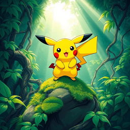 In the first panel, depict a small yellow creature named Pikachu, characterized by its red cheeks and large pointed ears tipped in black