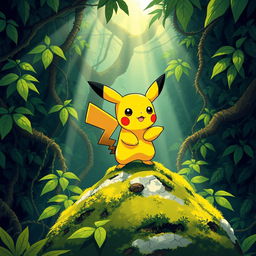 In the first panel, depict a small yellow creature named Pikachu, characterized by its red cheeks and large pointed ears tipped in black