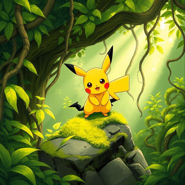 In the first panel, depict a small yellow creature named Pikachu, characterized by its red cheeks and large pointed ears tipped in black