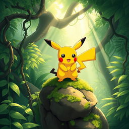 In the first panel, depict a small yellow creature named Pikachu, characterized by its red cheeks and large pointed ears tipped in black