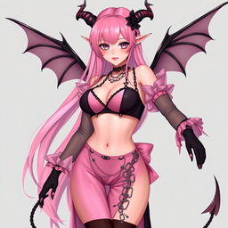 A realistic and sexy submissive gothic anime succubus girl, featuring elegant wings, slender horns, and a playful tail
