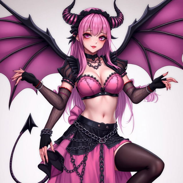 A realistic and sexy submissive gothic anime succubus girl, featuring elegant wings, slender horns, and a playful tail