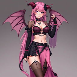 A realistic and sexy submissive gothic anime succubus girl, featuring elegant wings, slender horns, and a playful tail