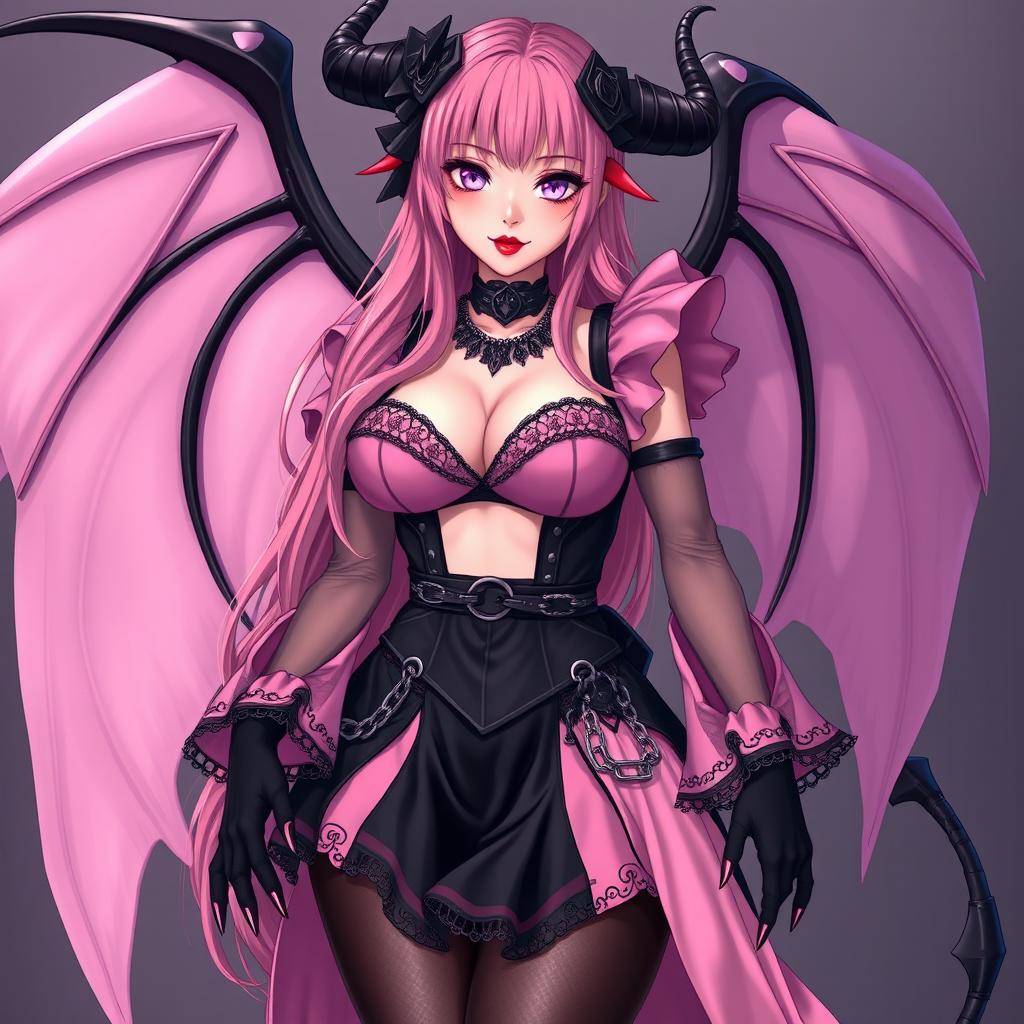 A realistic and sexy submissive gothic anime succubus girl, featuring elegant wings, slender horns, and a playful tail