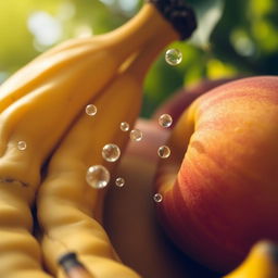 A close-up depiction of overripe fruit, such as a banana and a peach, showing their soft, wrinkled surfaces with vibrant colors like yellows and reds