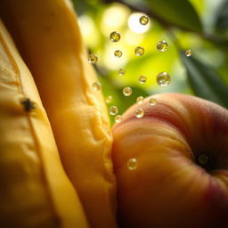 A close-up depiction of overripe fruit, such as a banana and a peach, showing their soft, wrinkled surfaces with vibrant colors like yellows and reds