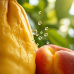 A close-up depiction of overripe fruit, such as a banana and a peach, showing their soft, wrinkled surfaces with vibrant colors like yellows and reds