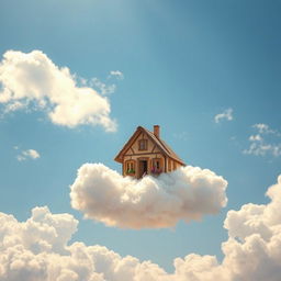 A whimsical image of a charming house perched delicately on a fluffy white cloud against a bright blue sky