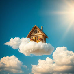 A whimsical image of a charming house perched delicately on a fluffy white cloud against a bright blue sky