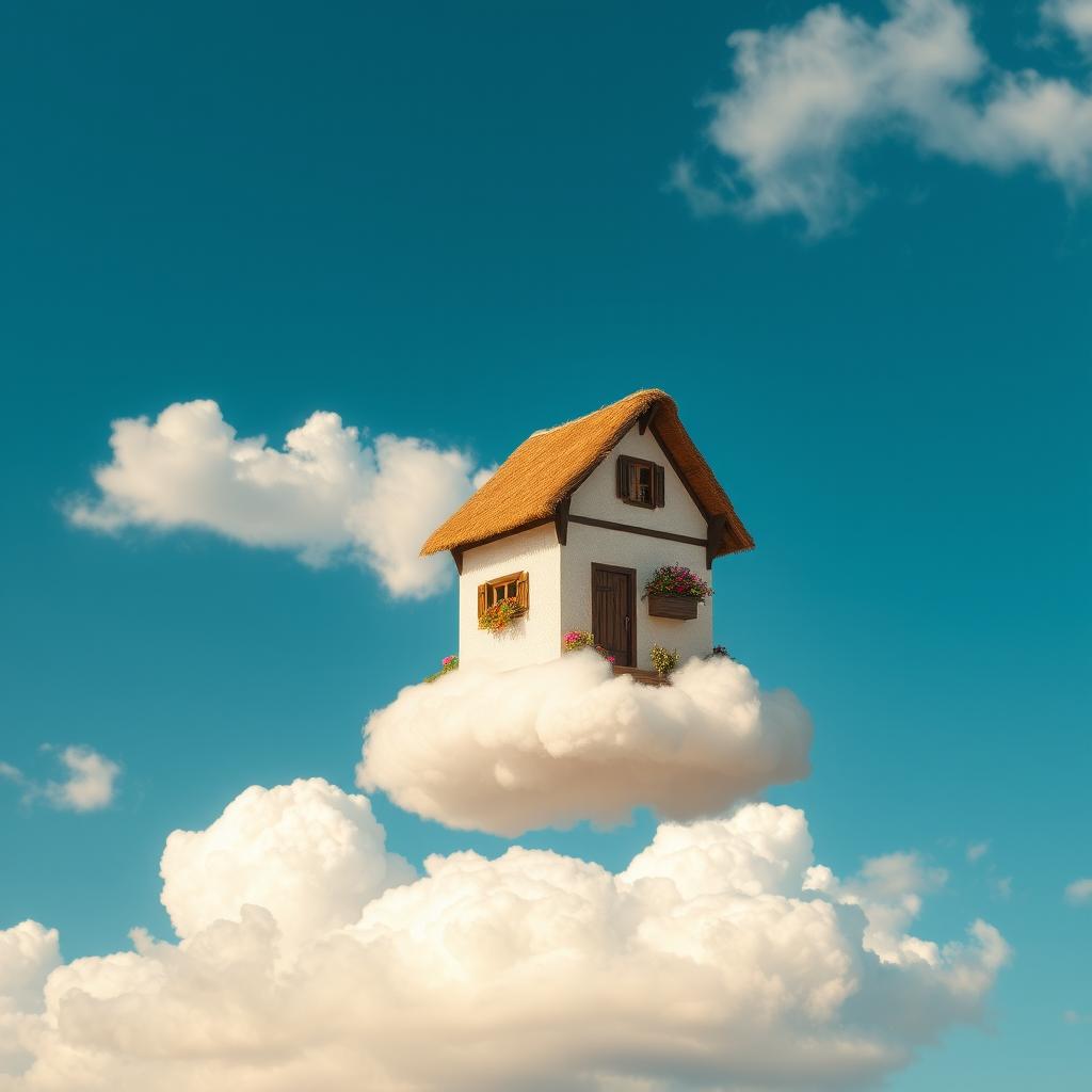 A whimsical image of a charming house perched delicately on a fluffy white cloud against a bright blue sky