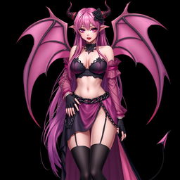 A realistic and sexy submissive gothic anime succubus girl with beautiful wings, slender thin horns, and a playful tail